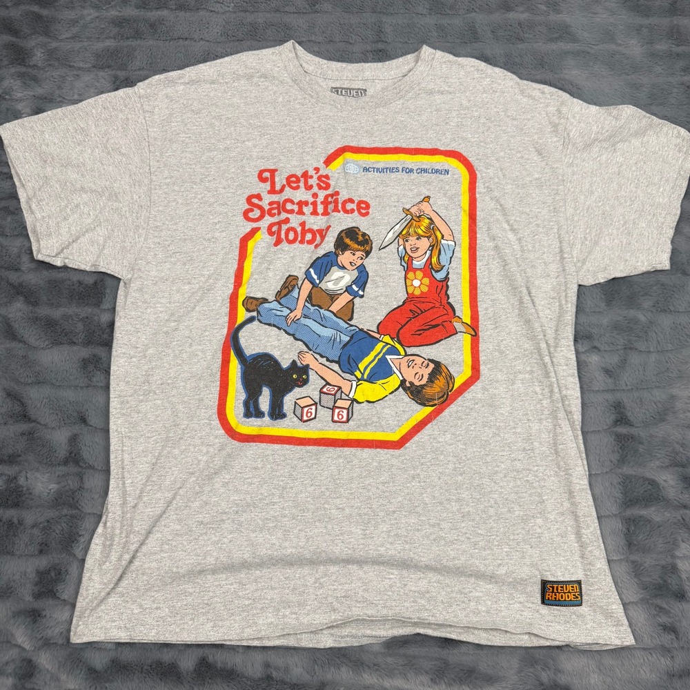 Steven Rhodes Mens XL Lets Sacrifice Toby Graphic T-Shirt Heather Gray Retro Art
